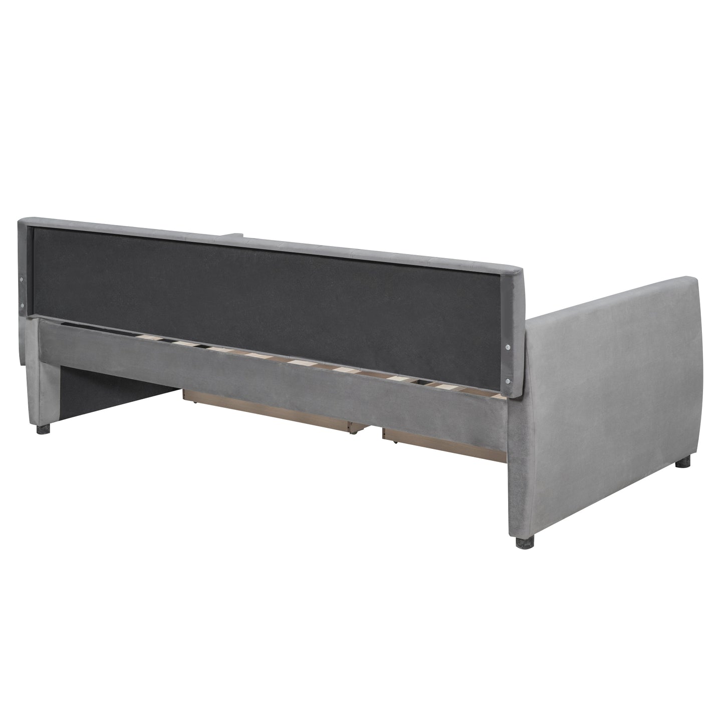 Grey velvet sofa frame with wooden slats and upholstered backrest from a rear perspective