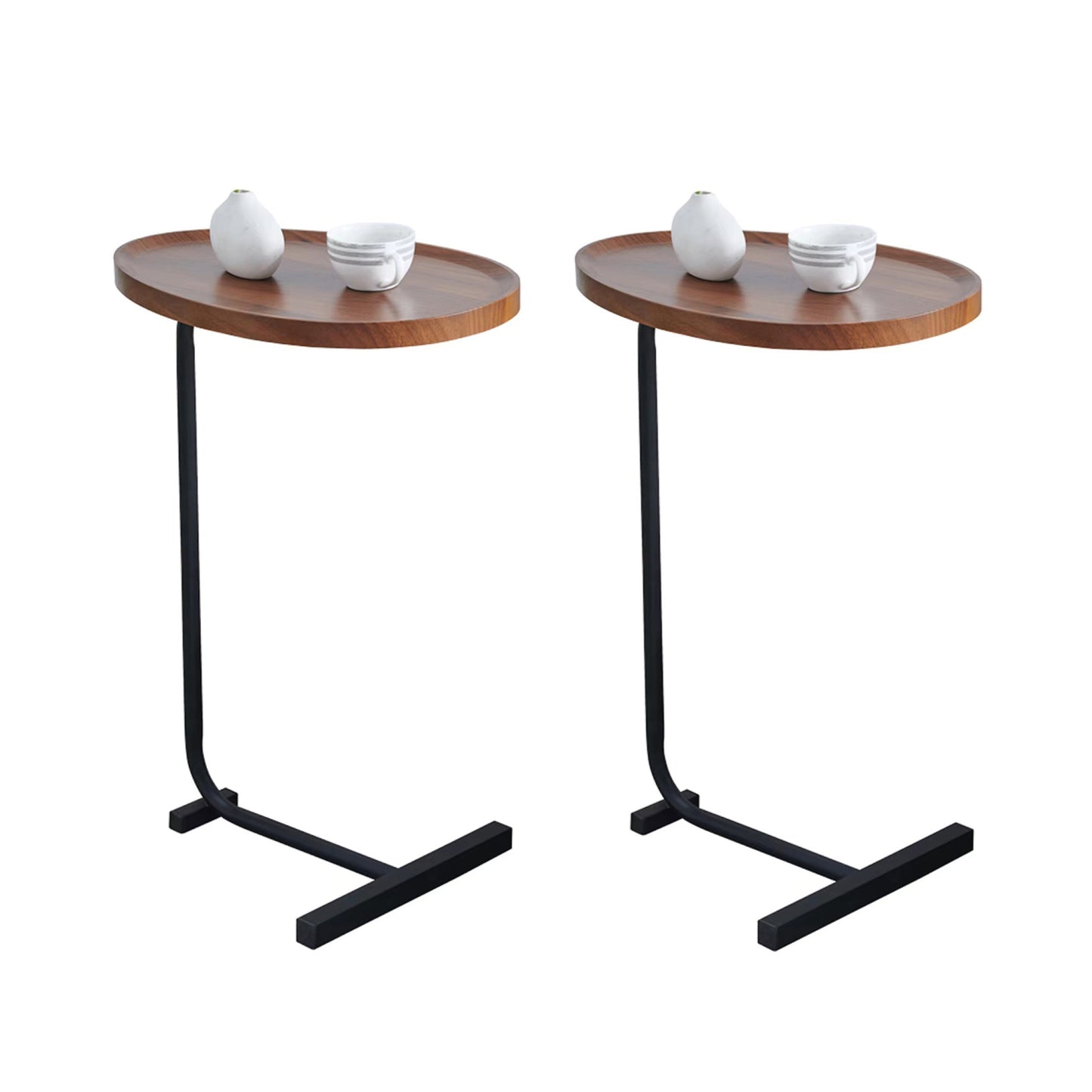 Set of two Cshaped side tables with walnut wood tops and black metal legs