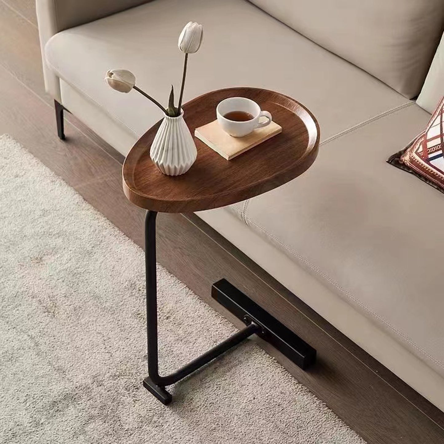 Compact Brown C-shaped Side Table for Small Spaces