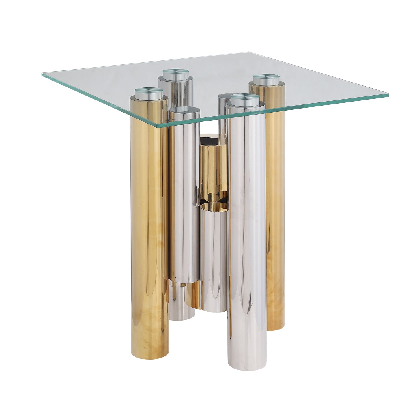 Square glass top side table with mixed gold and silver cylindrical legs