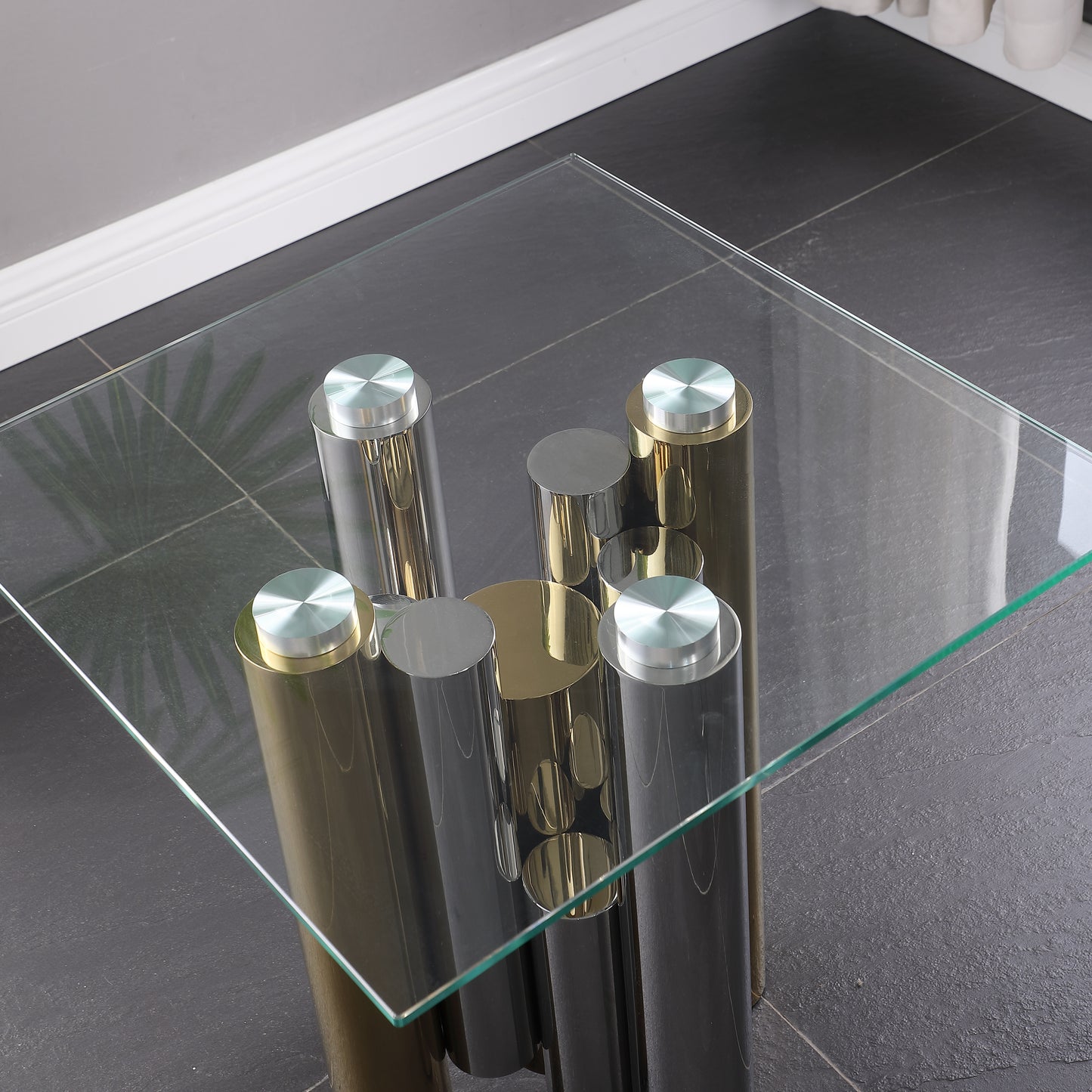 Modern Square Glass End Table - Polished Golden Stainless Steel, 20 in