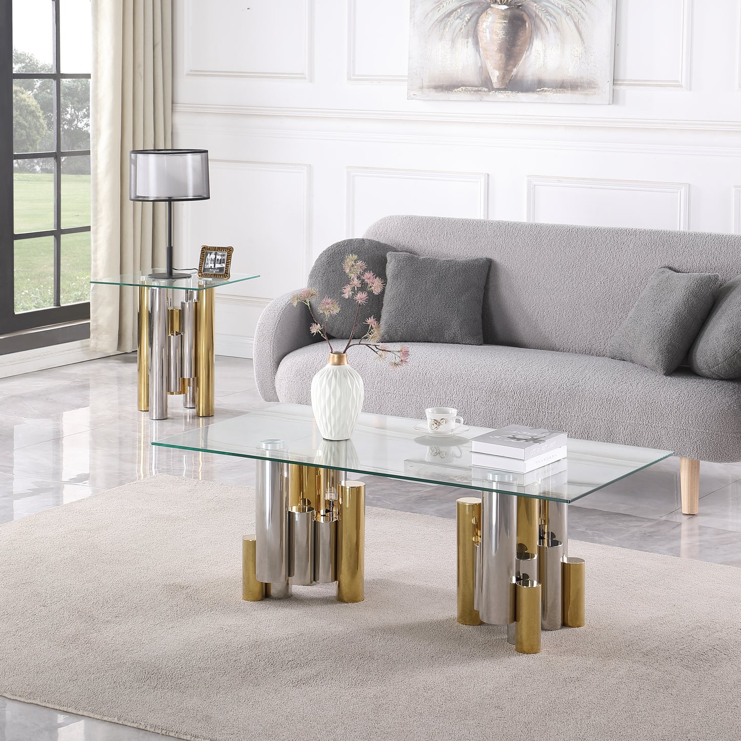 Modern Square Glass End Table - Polished Golden Stainless Steel, 20 in