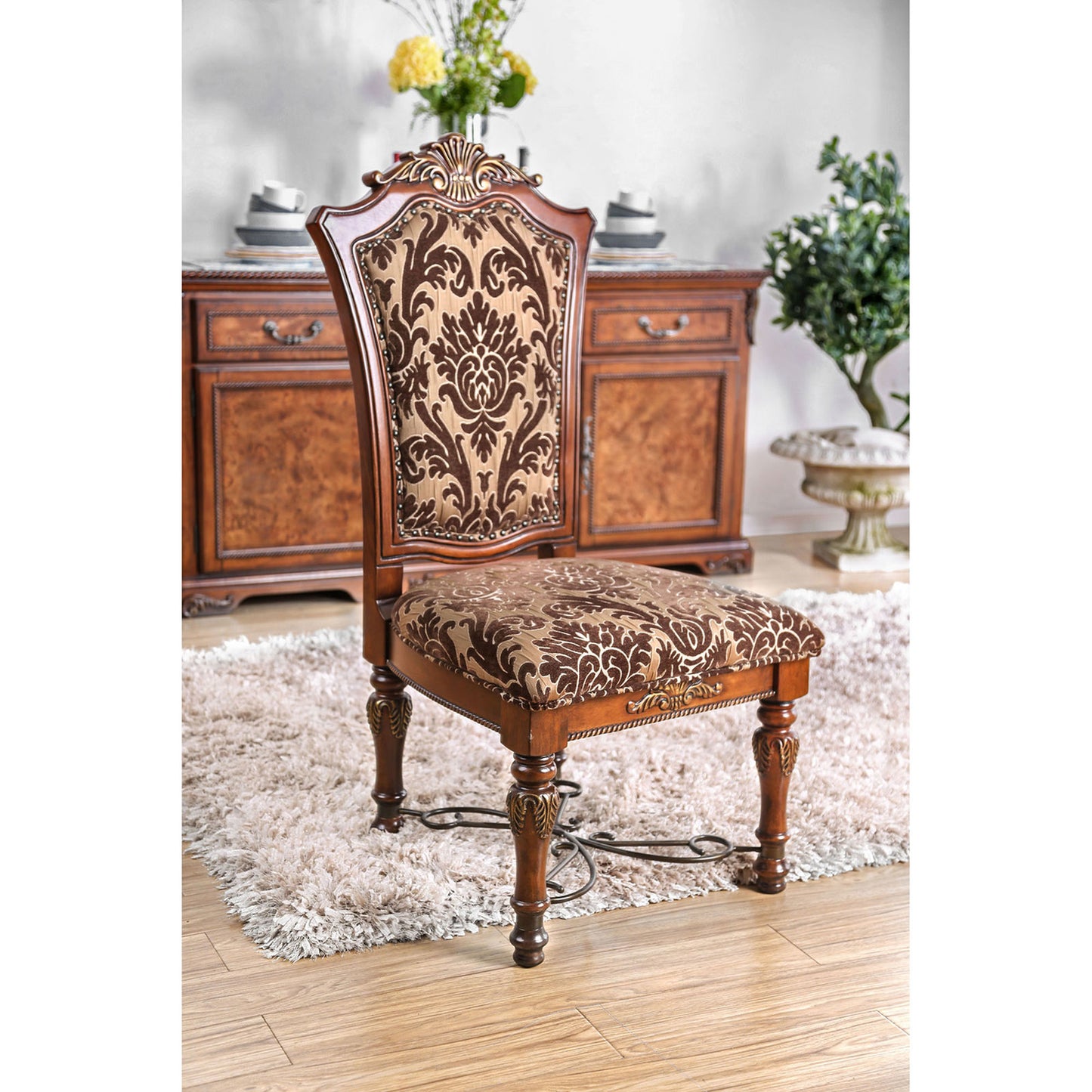 TREATLIFE HOME Set of 2 Traditional Side Chairs with Intricate Carved Details and Floral Print Fabric Seats, Brown Cherry Color