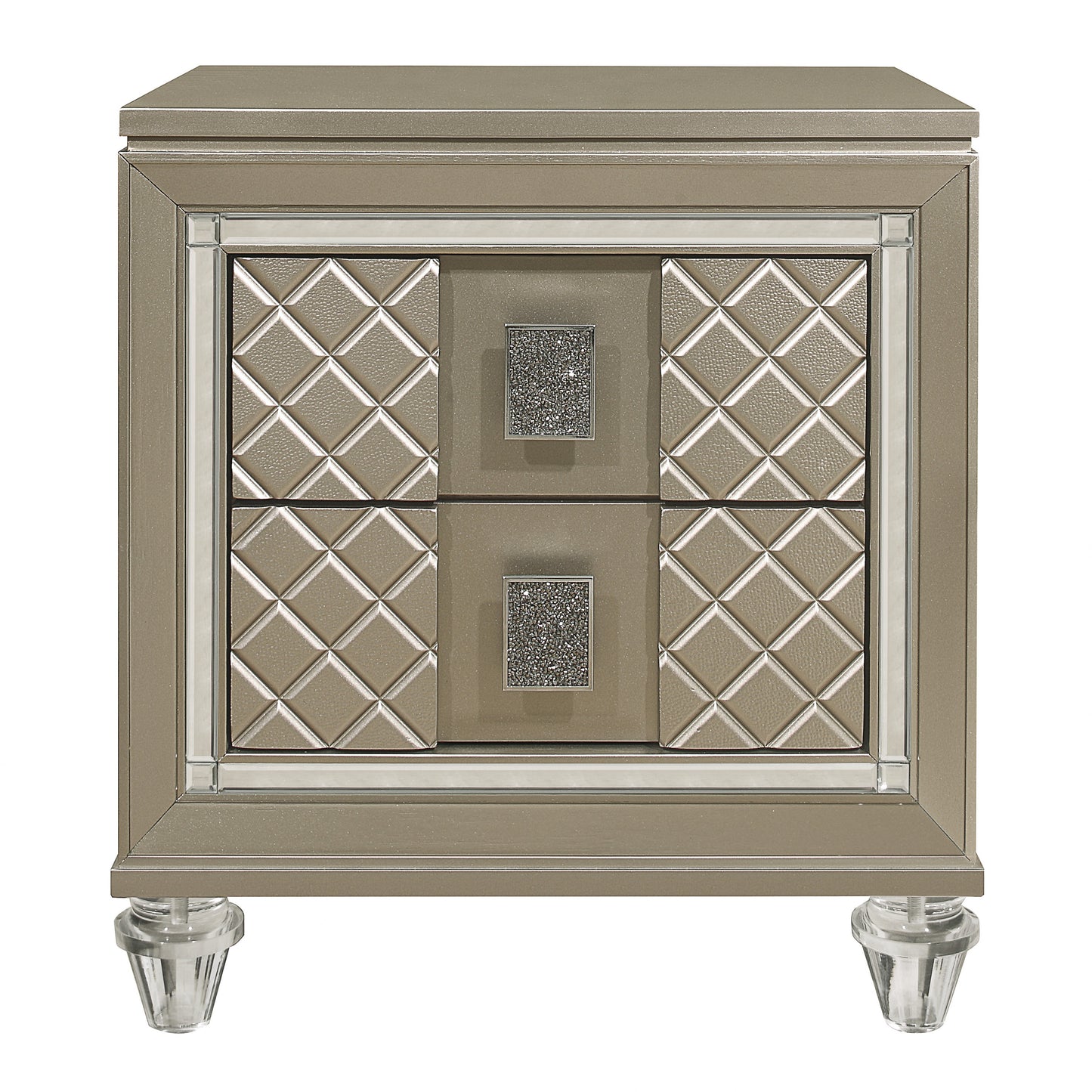 Champagnecolored nightstand with tufted diamond pattern drawer fronts and crystal knobs