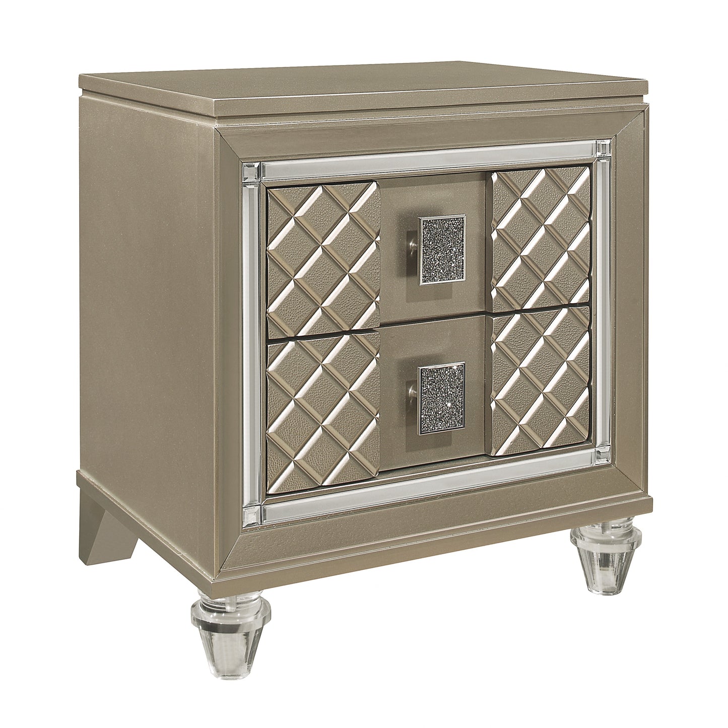Glamorous champagne gold nightstand with diamondpatterned drawer fronts and crystal knobs