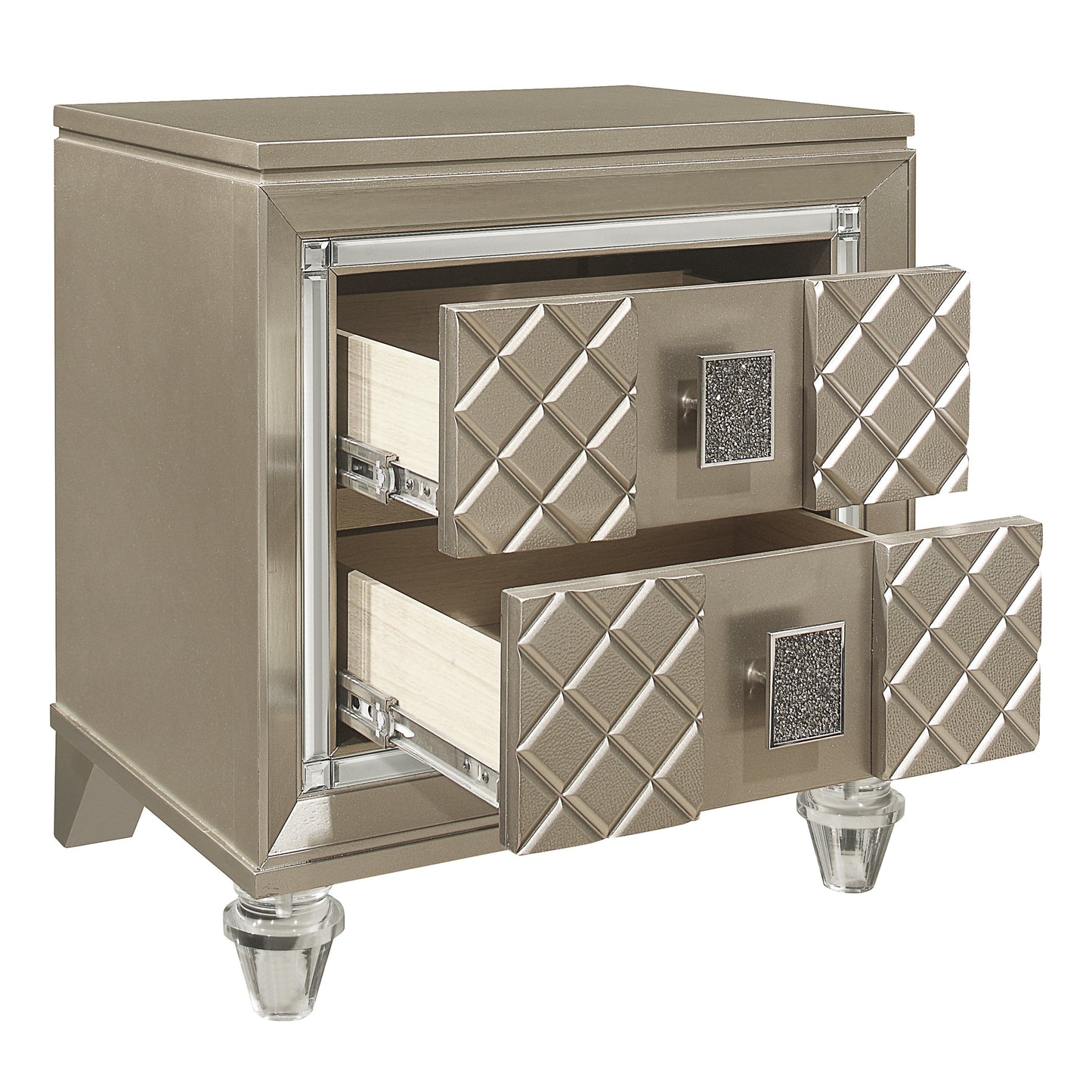 Glam champagne drawer nightstand with crystal knobs and clear acrylic legs