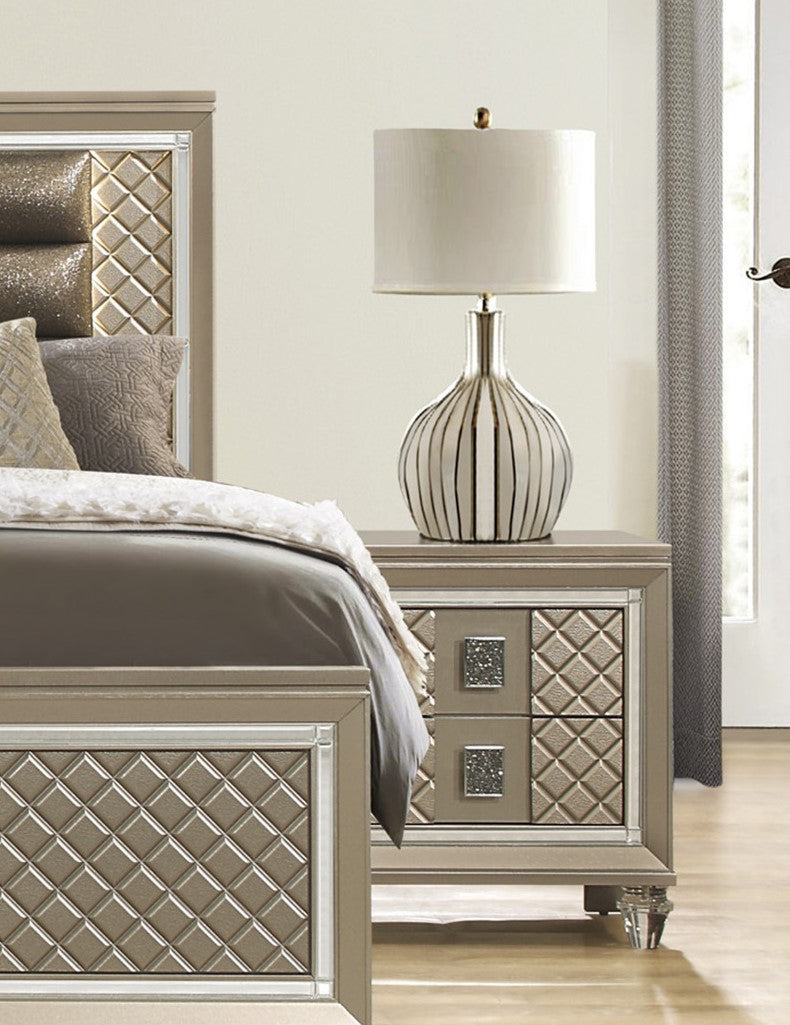 Taupe nightstand with mirrored diamondtufted drawers and crystal legs