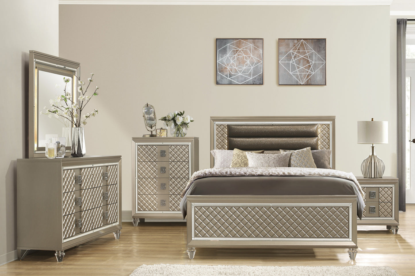 Glamorous champagne queen bed frame with crystaltufted headboard and diamondpatterned panels