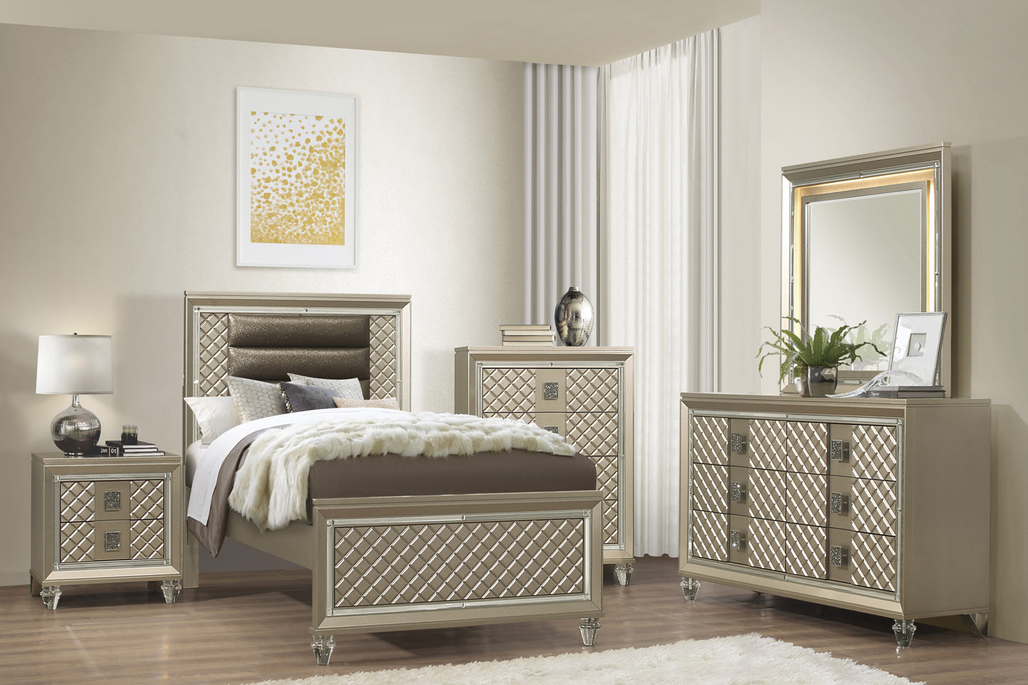 Glamorous beige upholstered king bed with crystal accents and mirrored trim