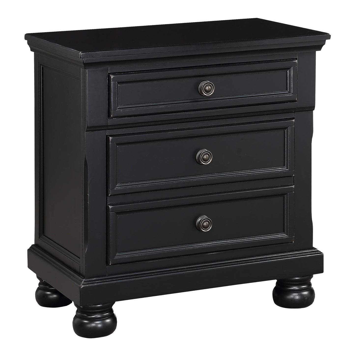 Classic black wooden nightstand with three drawers and decorative knobs