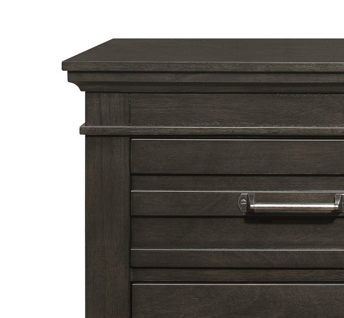 Dark grey wooden dresser detail with horizontal slat drawers and metal pull