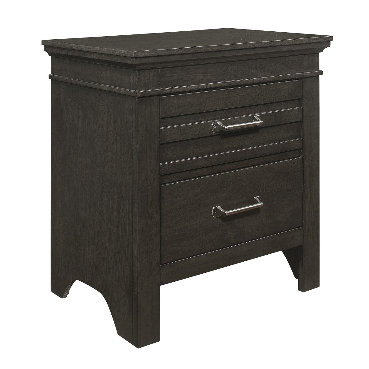 Dark grey wooden nightstand with two drawers and chrome handles