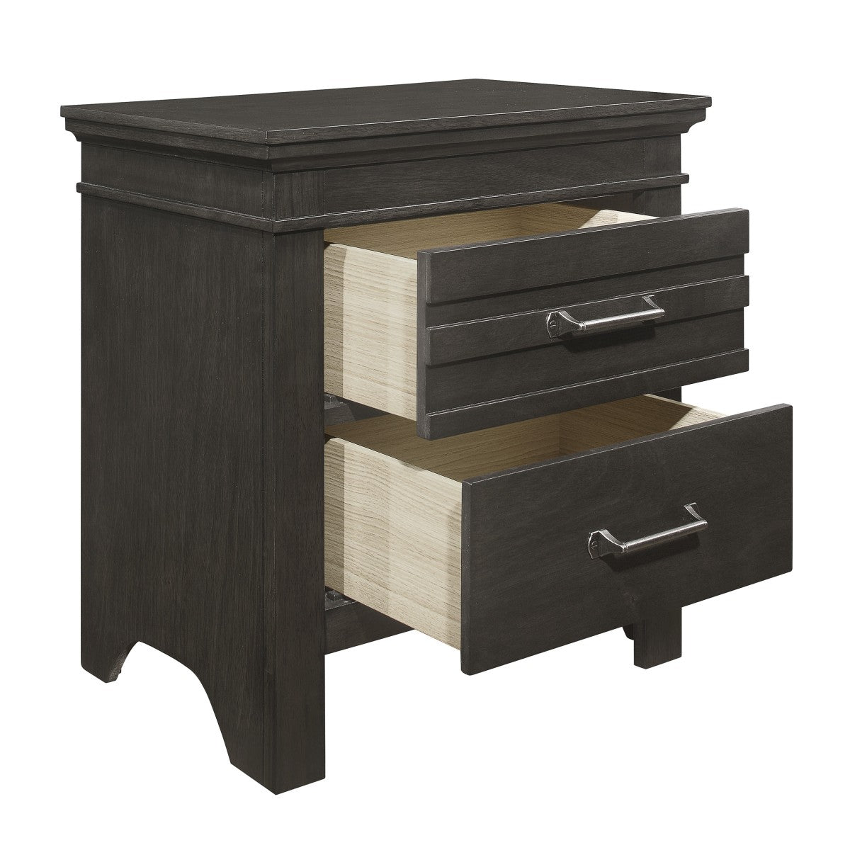 Dark gray wooden nightstand with two drawers featuring modern silver handles