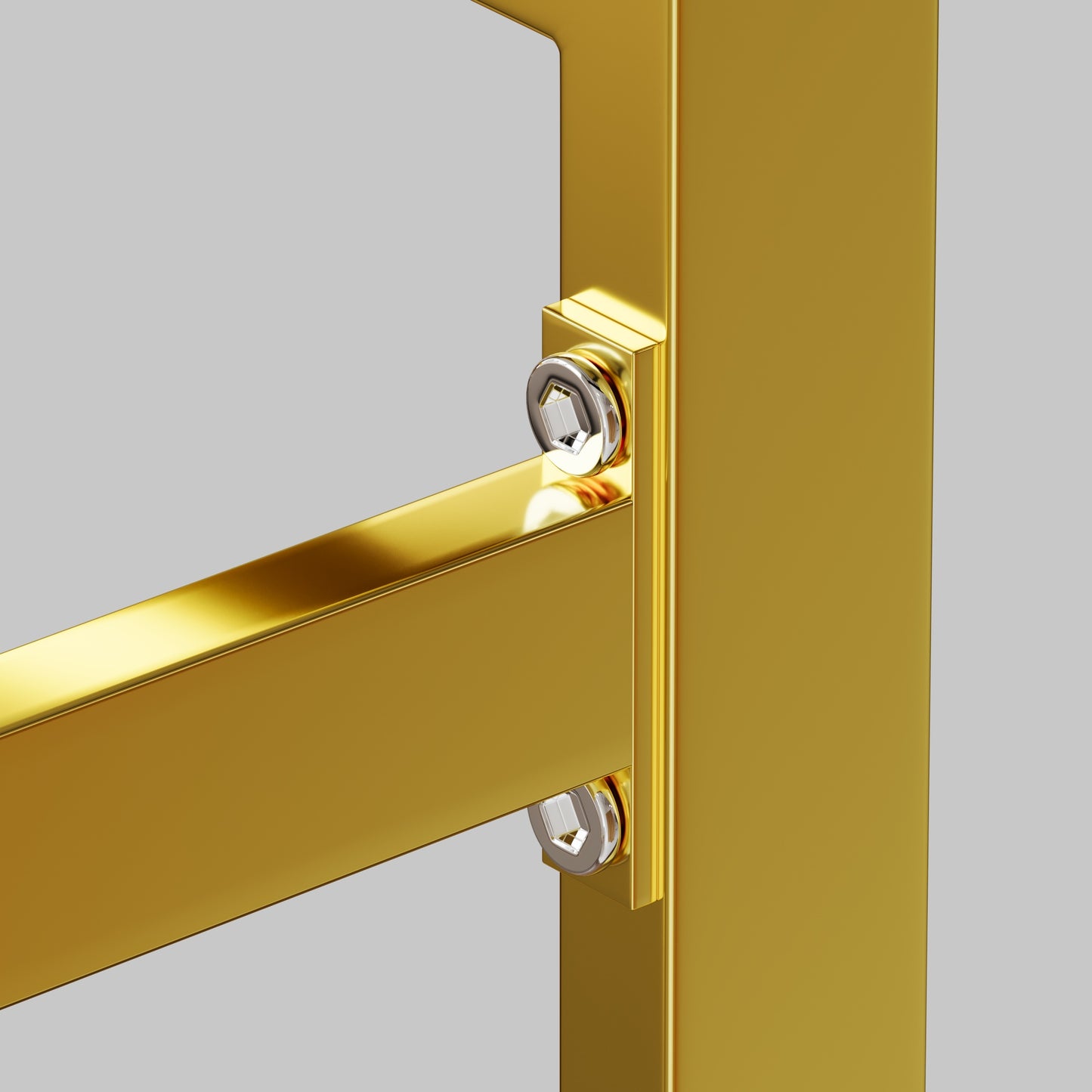 Gold plated metal frame detail with visible hexagonal bolt