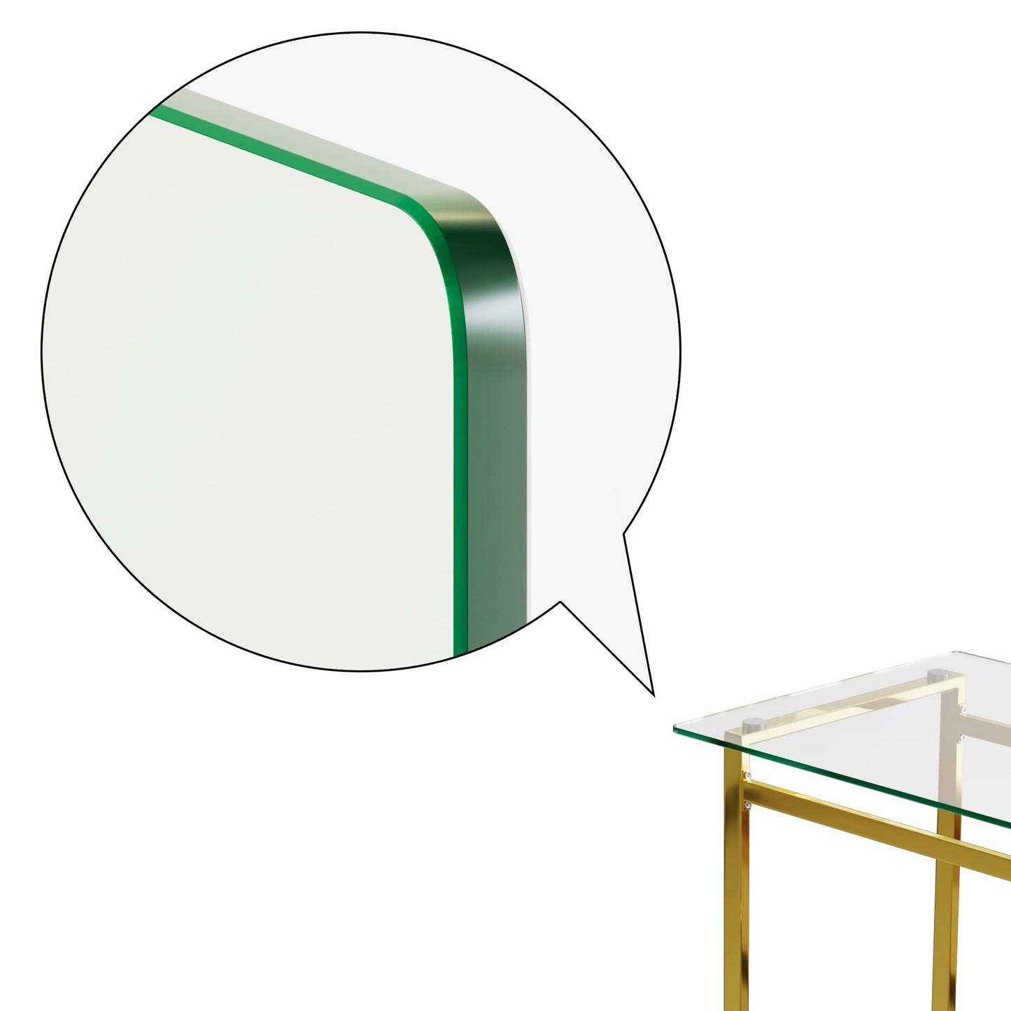 Close up of beveled green edge on clear tempered glass tabletop