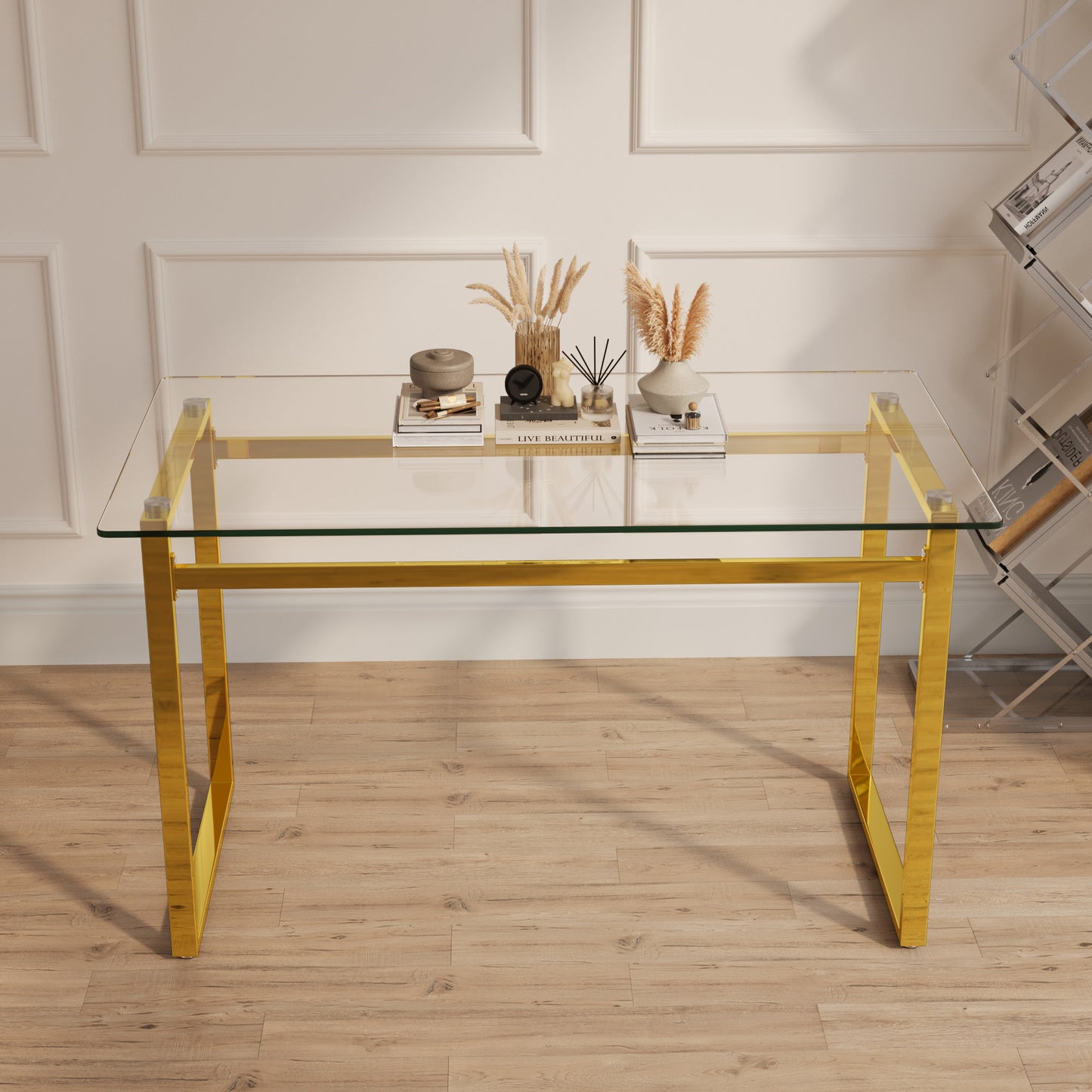 Glass and gold desk with clear tempered glass top and polished gold frame