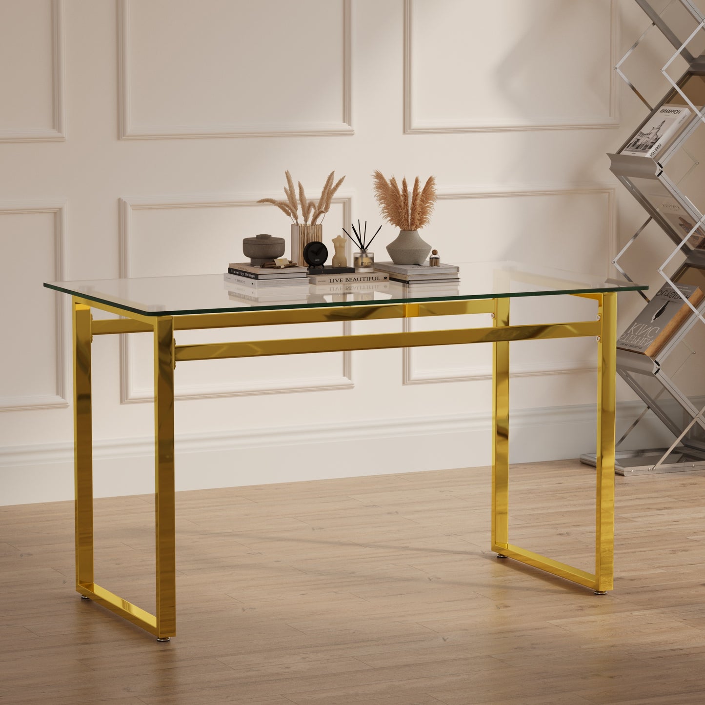 Clear glass top desk with polished gold frame