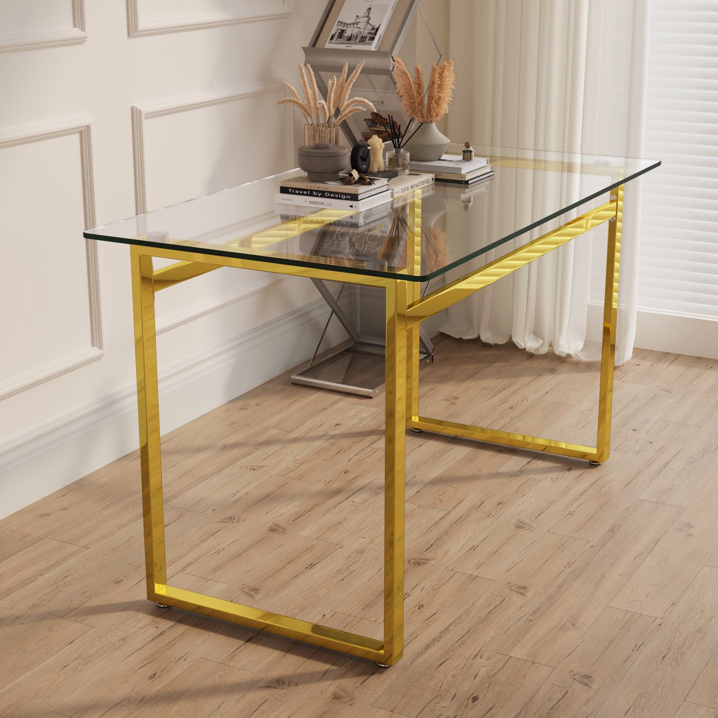 Glass top desk with gold frame legs