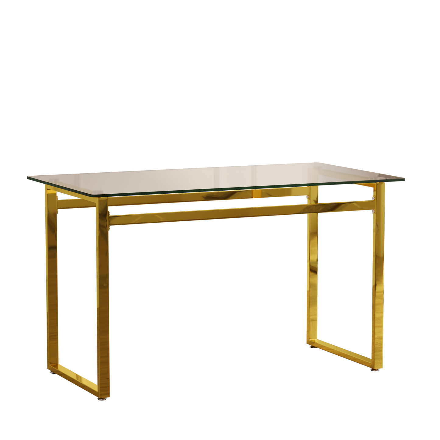Sleek glass top console table with polished gold metal frame