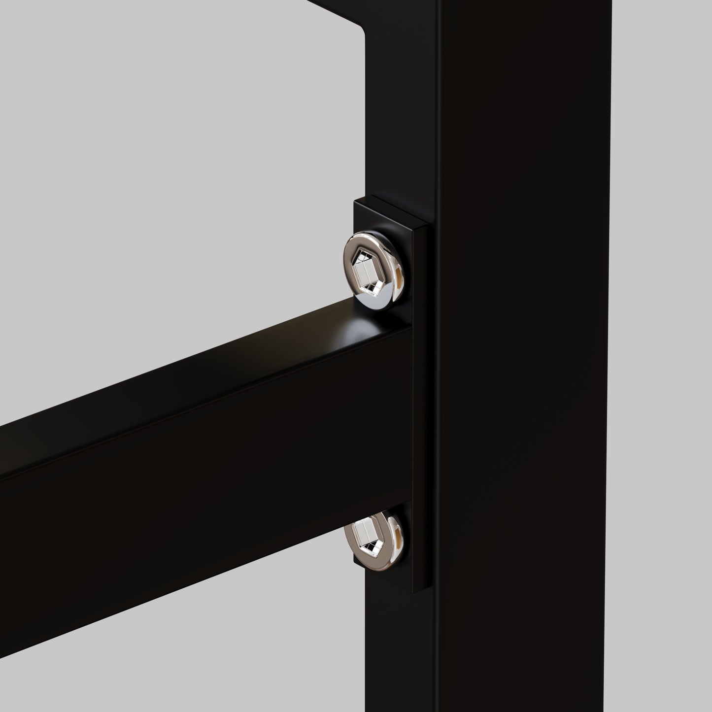 Black metal frame assembly with chrome hex bolt