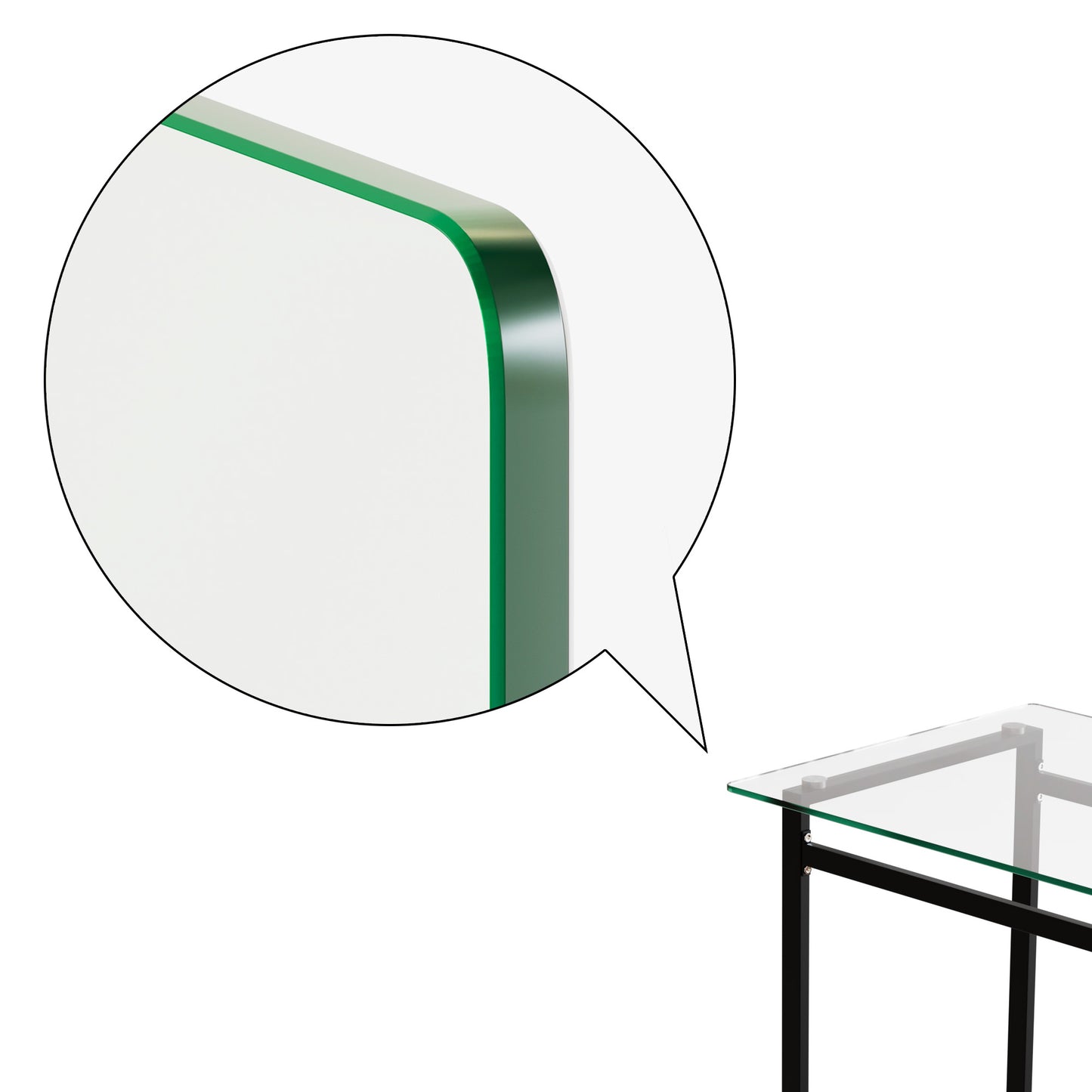 Closeup of beveled greentinted glass edge on a modern console table