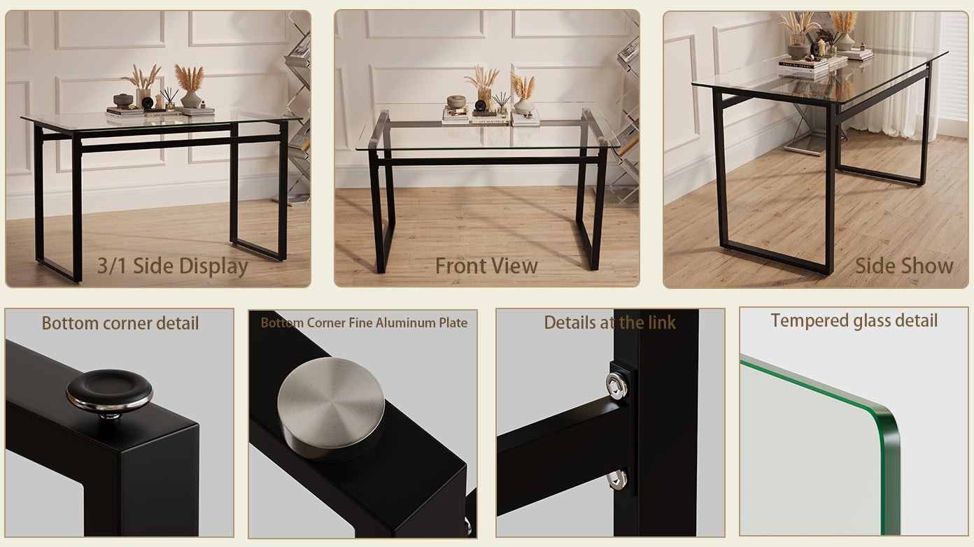 Modern glass desk with a sleek black metal frame perfect for a home office