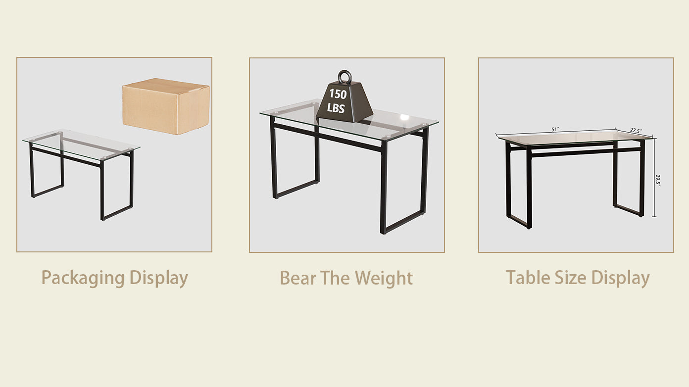 Glass top desk in packaging with cardboard box