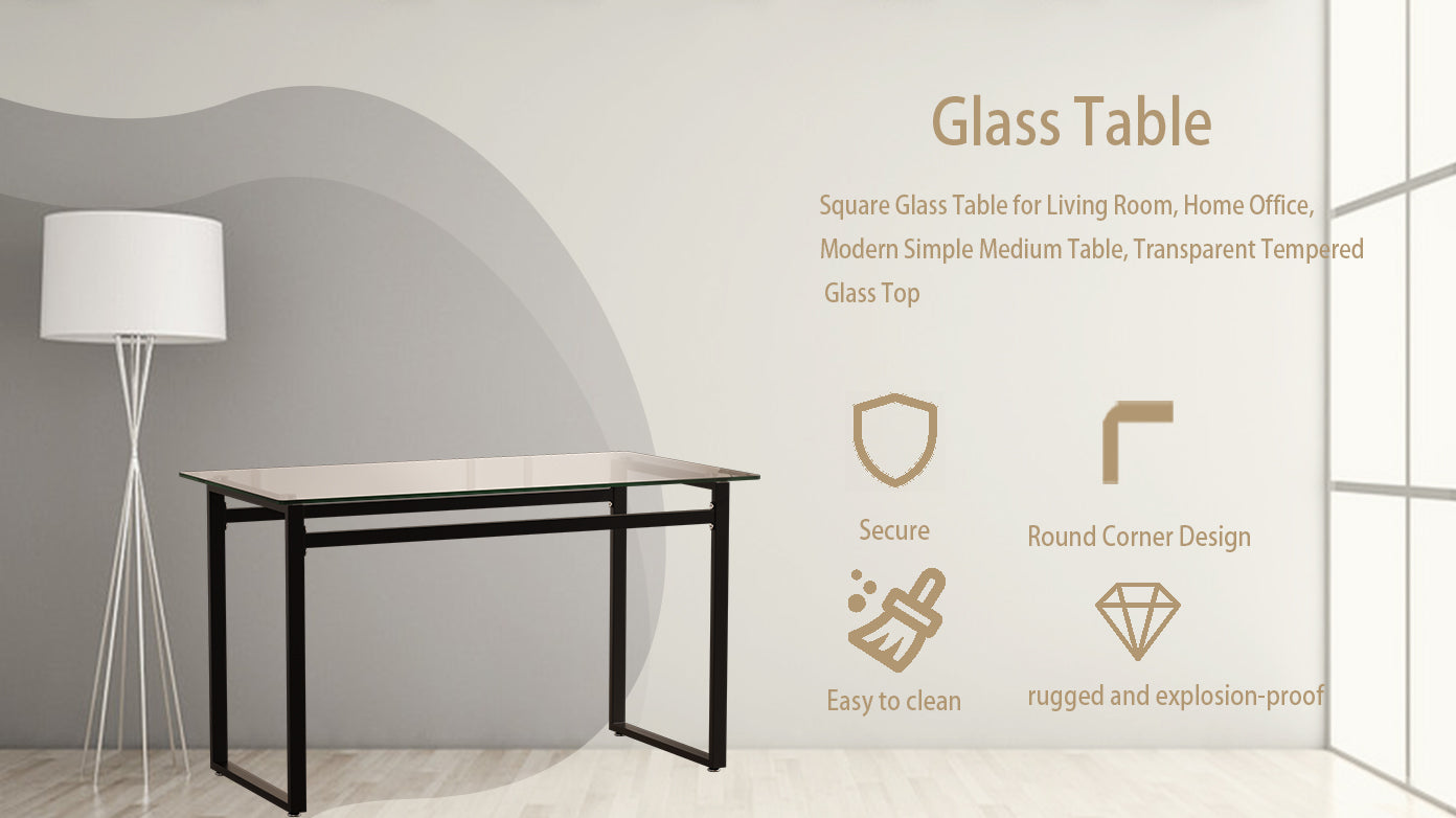 Modern black metal frame with transparent tempered glass top table for a living room