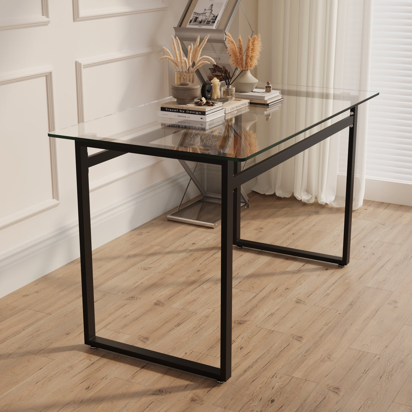 Modern glass top desk with black metal frame