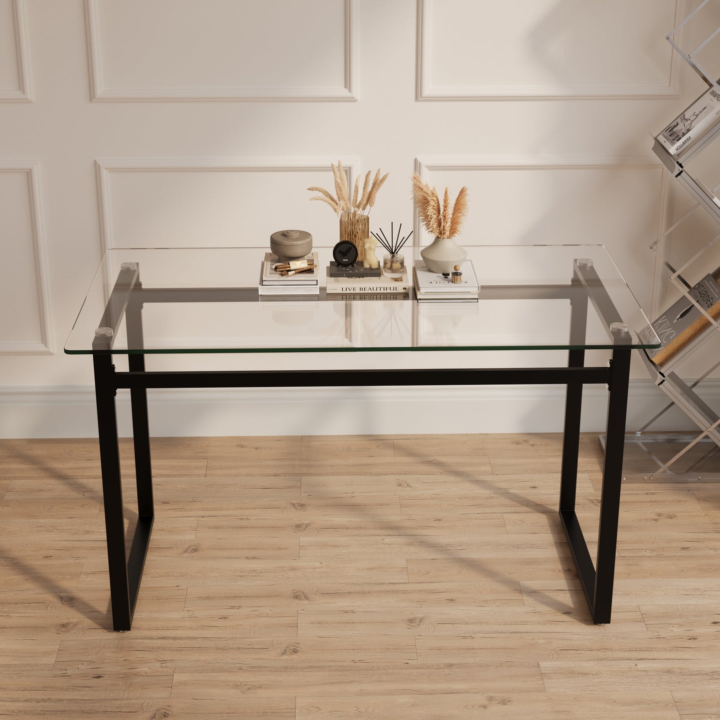 Modern glass desk with black metal frame