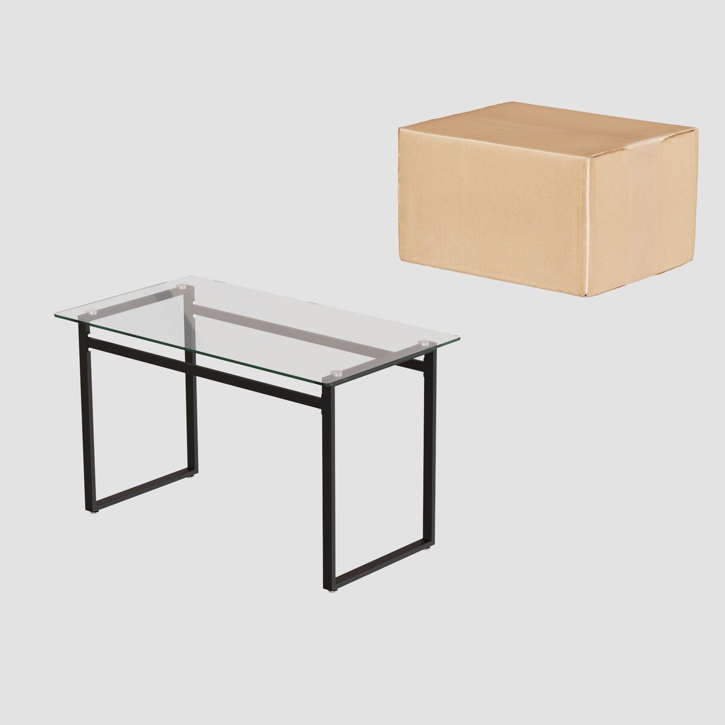 Glass top desk with black metal frame and shipping box