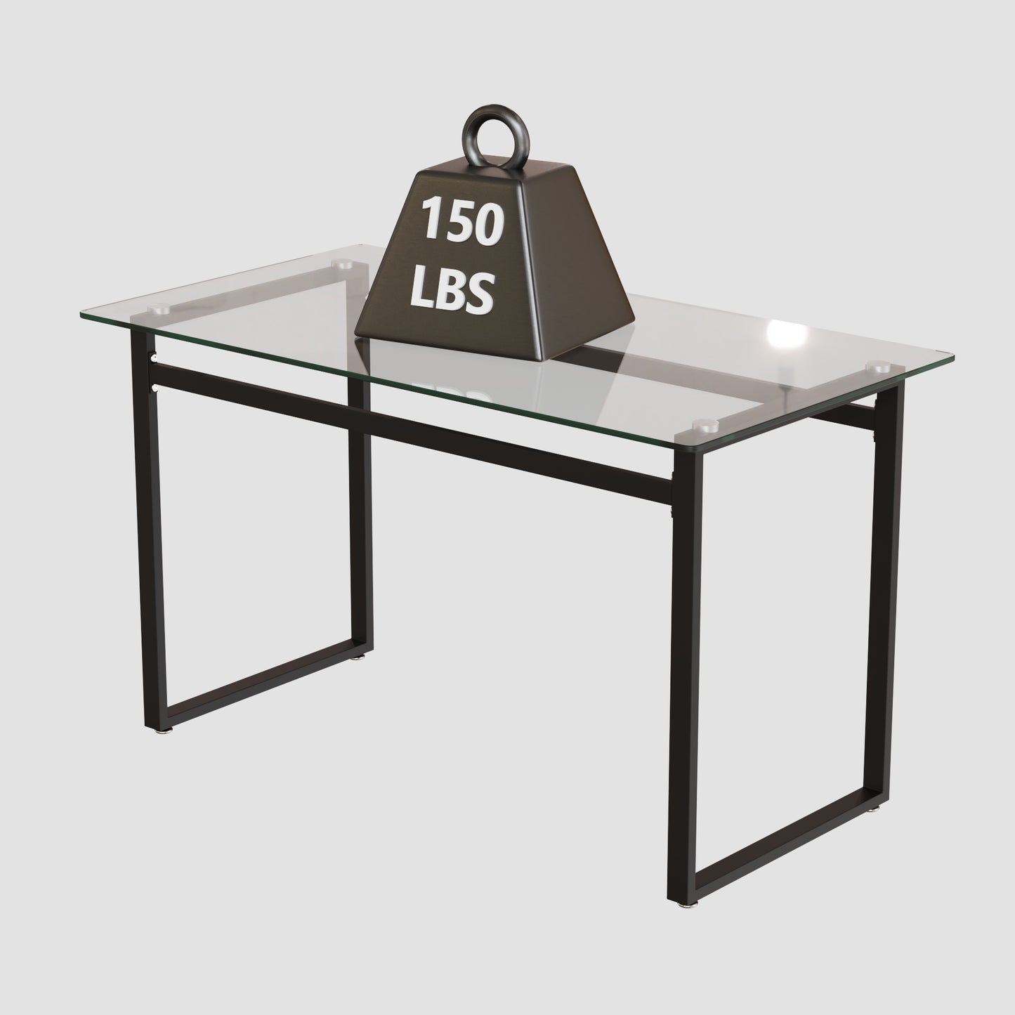 Modern minimalist desk with clear glass top and black metal frame supporting a lb weight