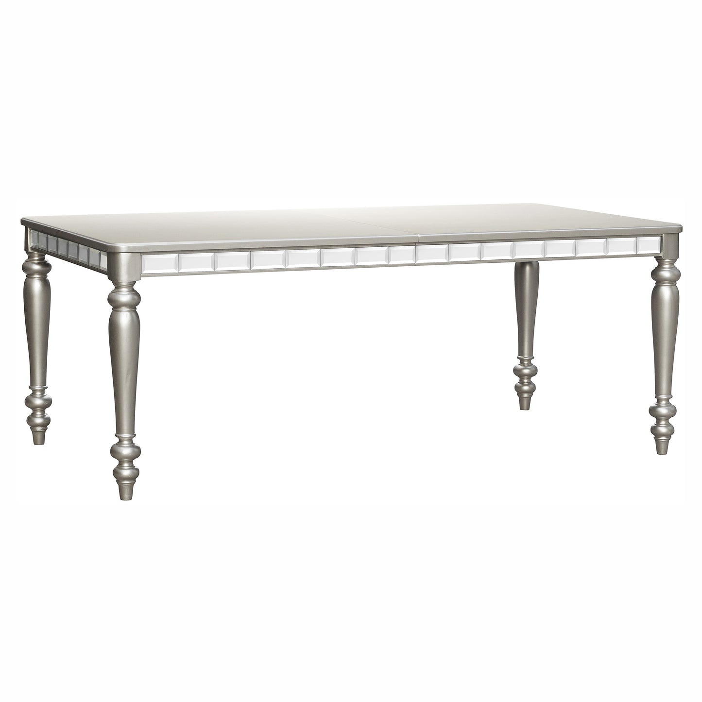 Silver dining table with ornate mirrored trim and turned legs for a glamorous dining room