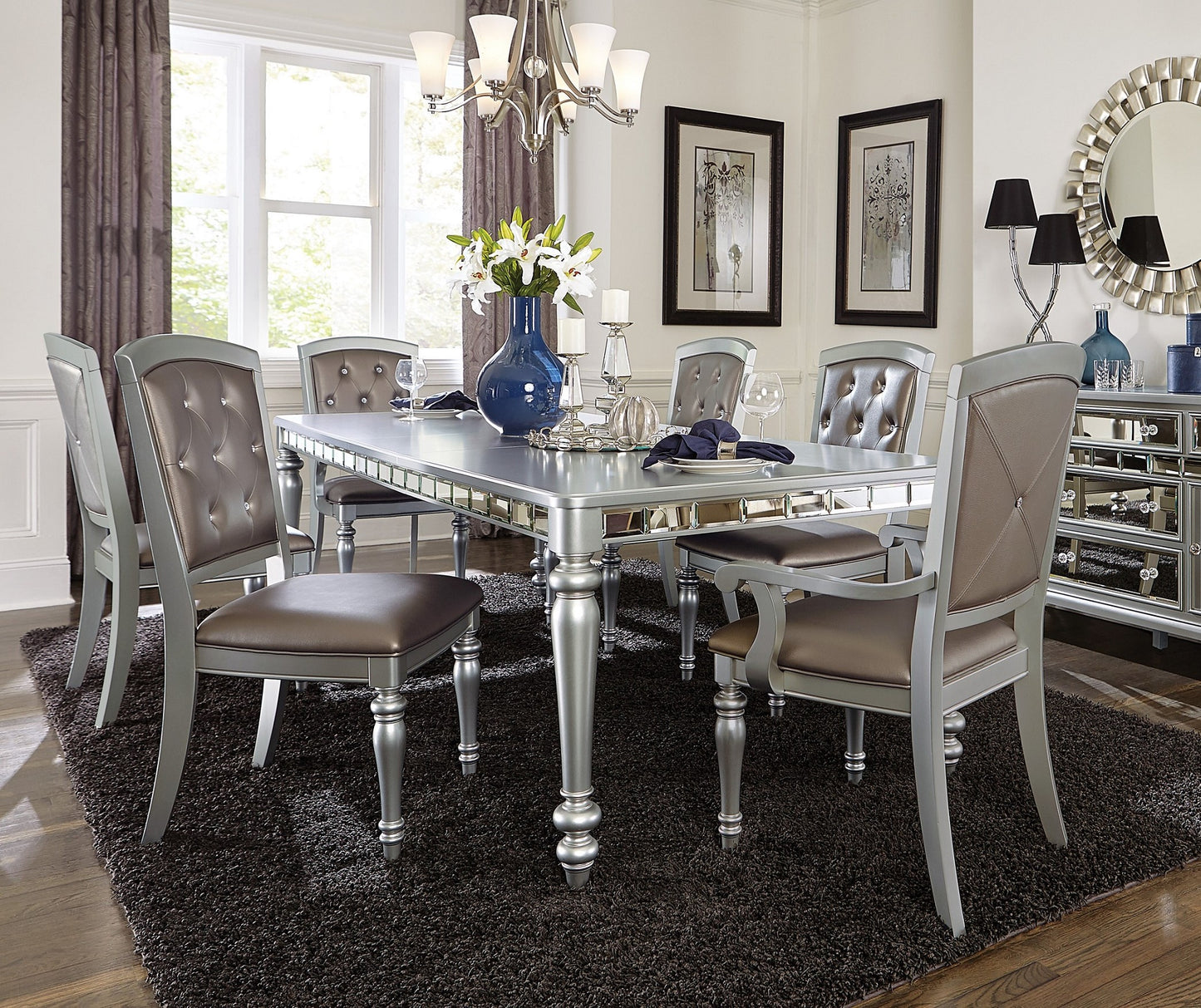 Glamorous Silver Finish Rectangular Dining Table with Draw Leaf
