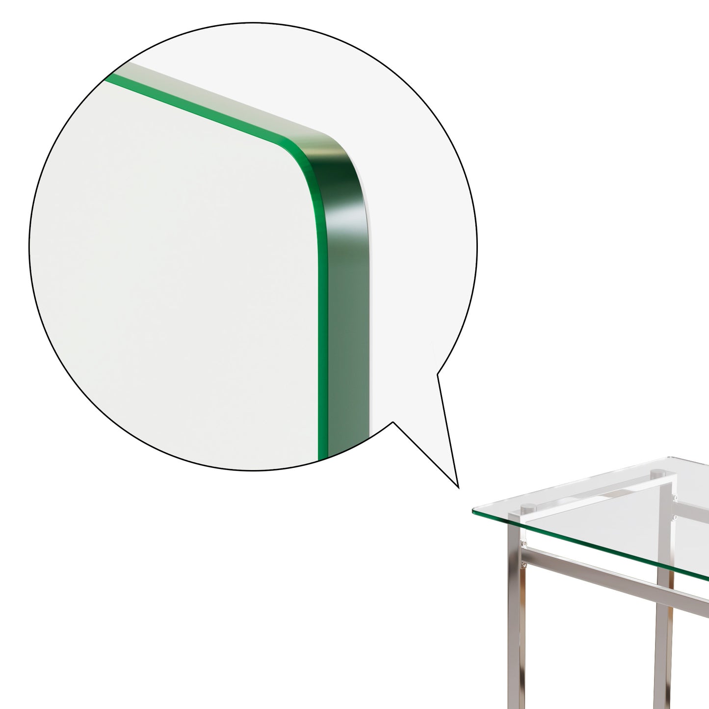 Closeup of beveled green glass edge on a modern coffee table