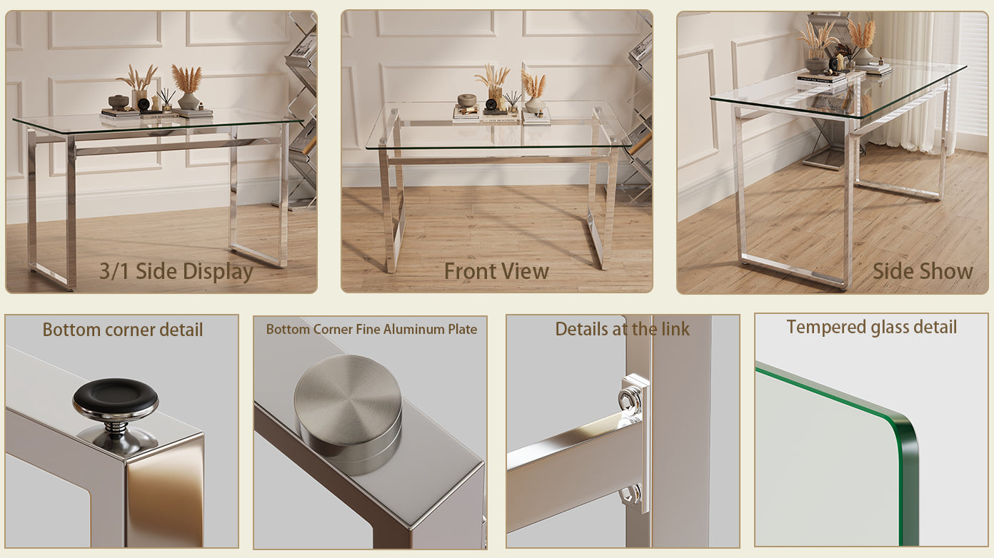 Modern glass desk with polished chrome frame