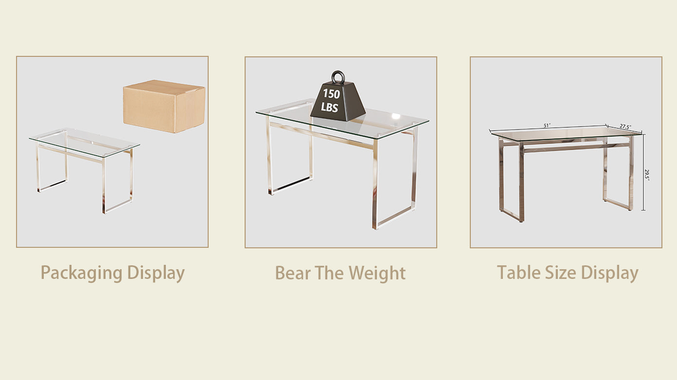 Glass top desk with chrome legs shown in packaging