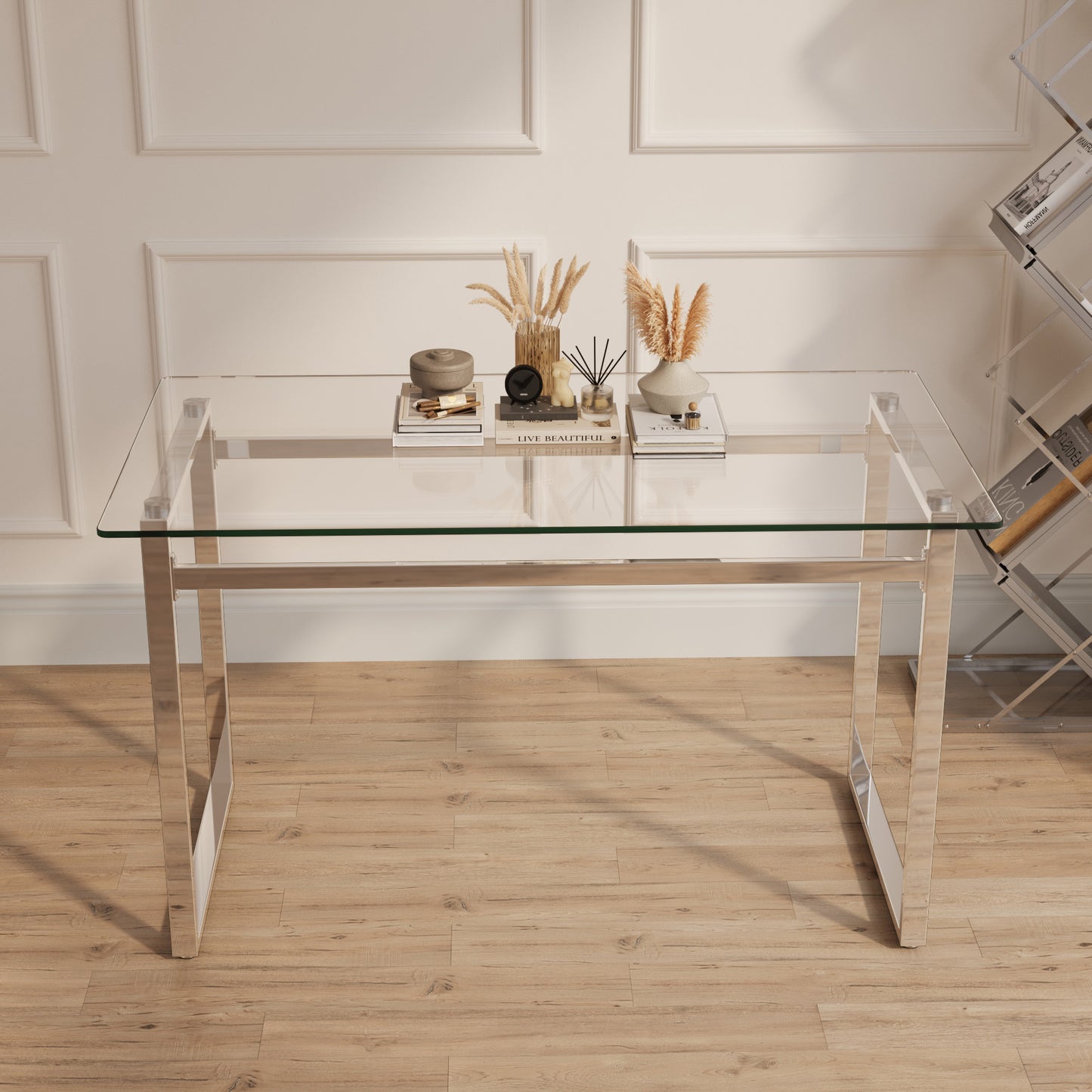 Glass top dining table with chrome legs