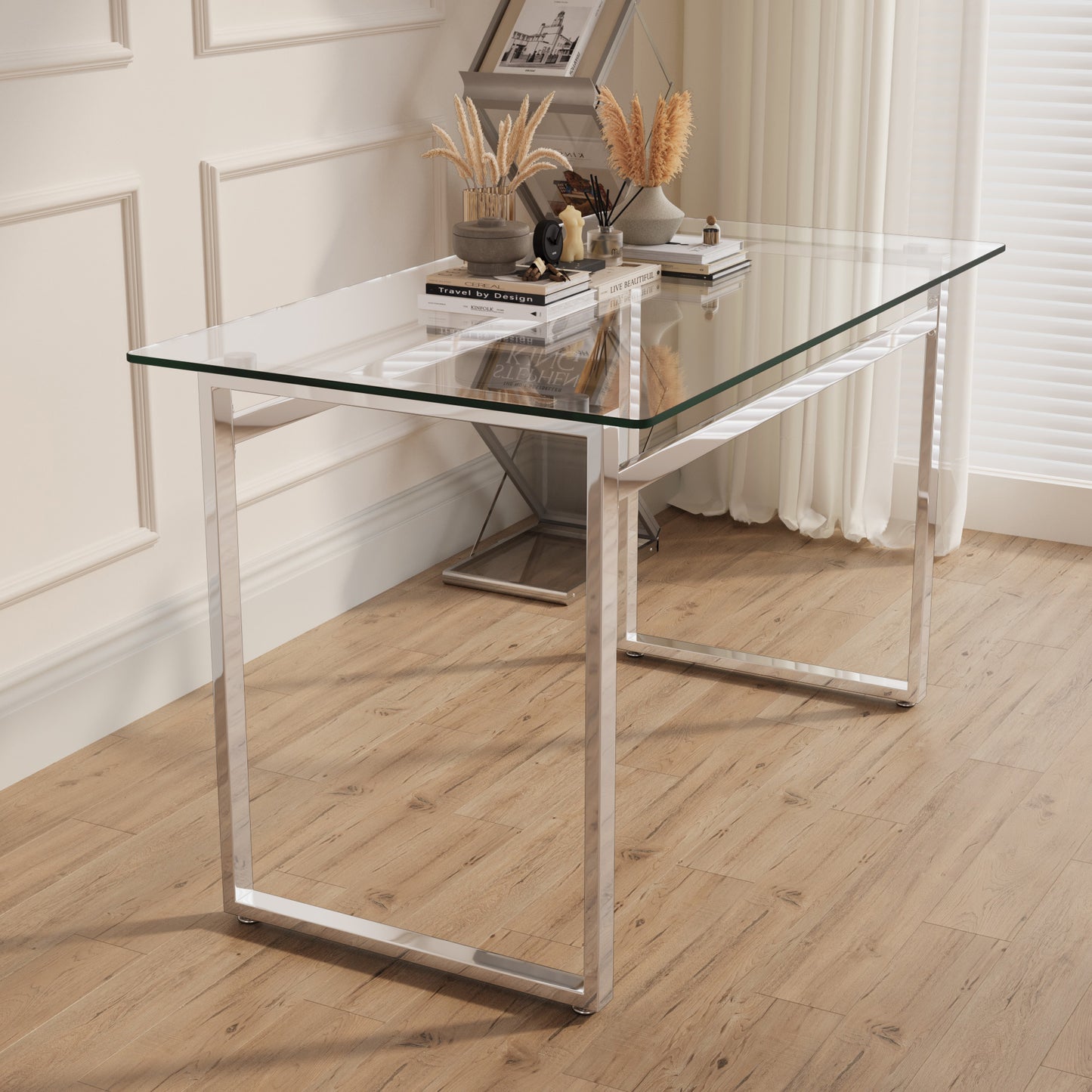 Modern glass desk with polished chrome legs