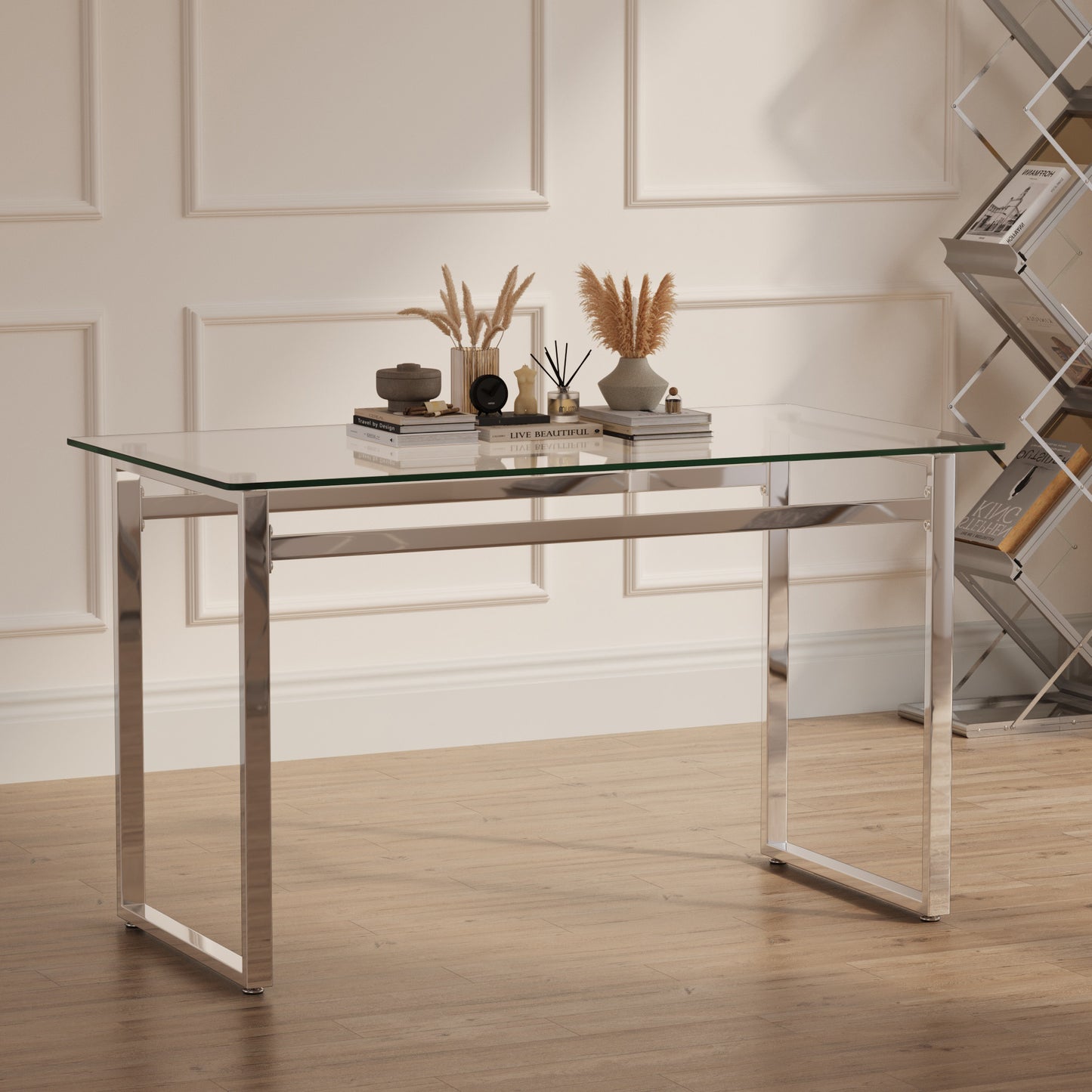 Modern glass desk with polished chrome legs
