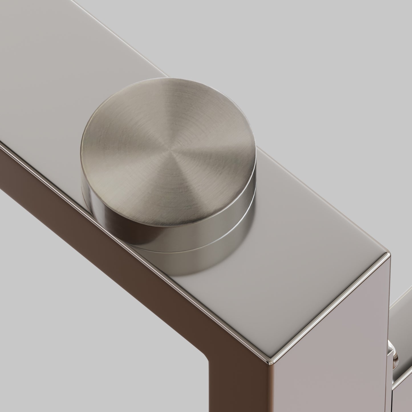 Brushed nickel round knob with polished chrome accents for cabinet doors