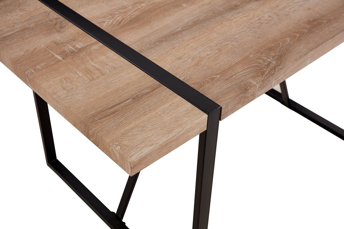 Light brown wood grain desk with black metal legs