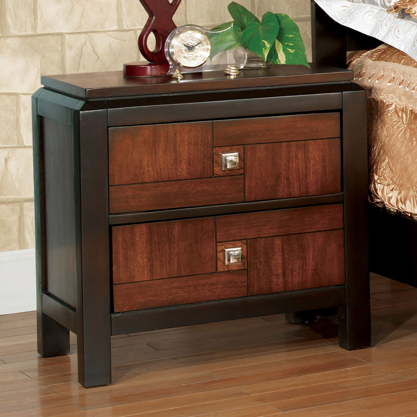 Dark wood twodrawer nightstand with polished nickel square pulls and geometric front panels