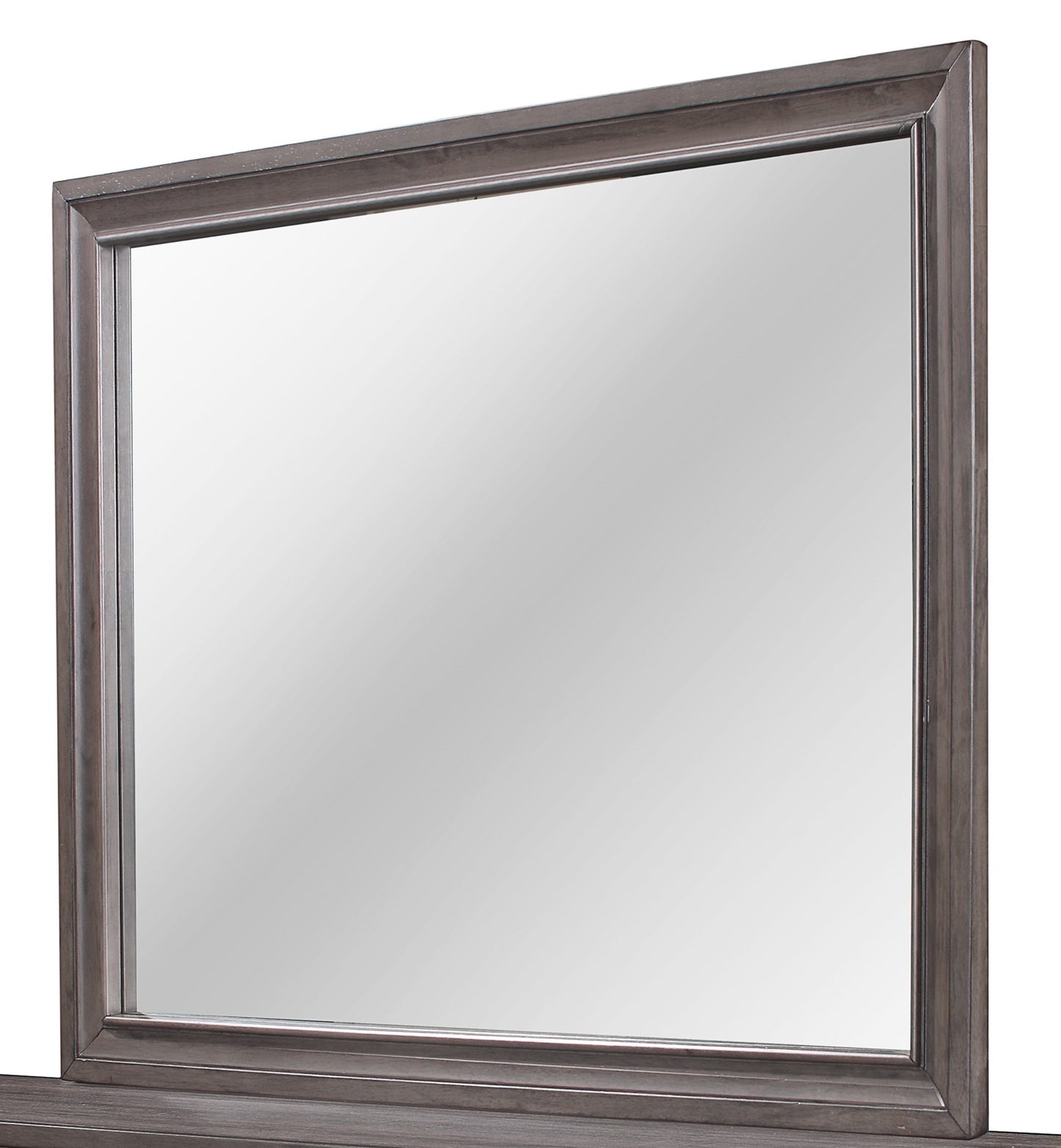 Dark gray wood framed vanity mirror with beveled edges