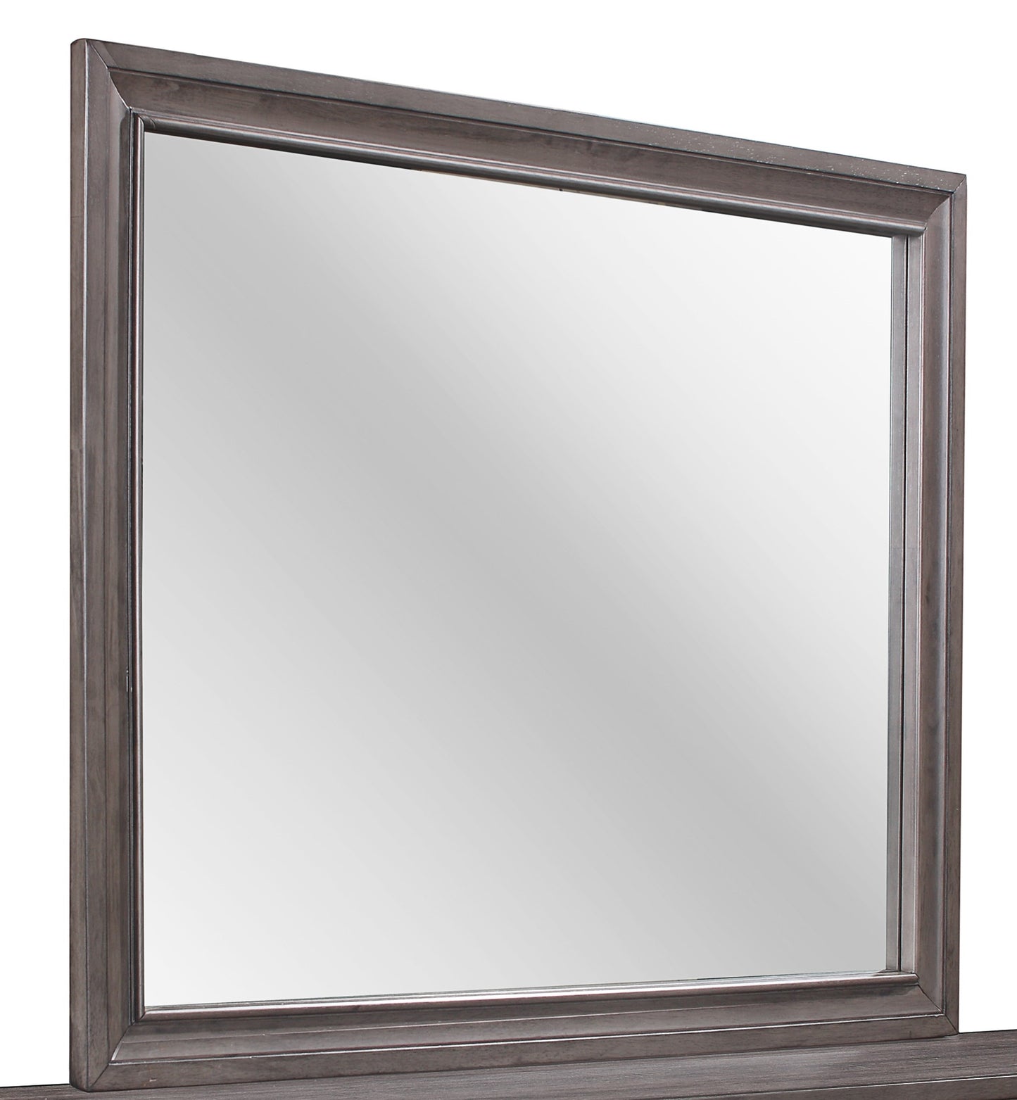 Dark gray wood frame dresser mirror with beveled glass
