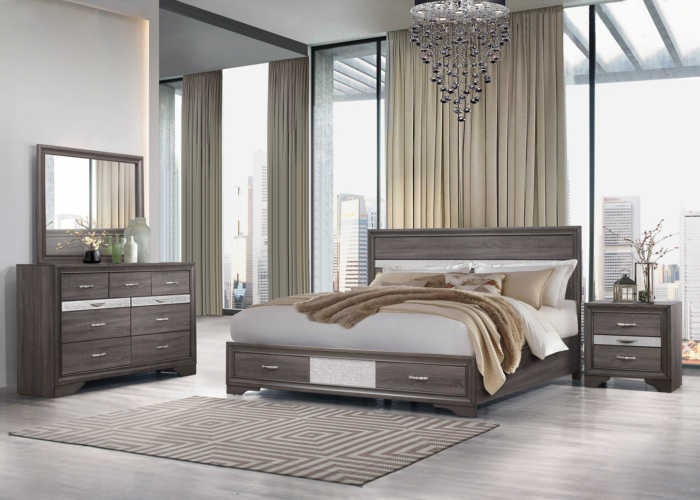 Gray wood dresser with mirrored accents and silver hardware