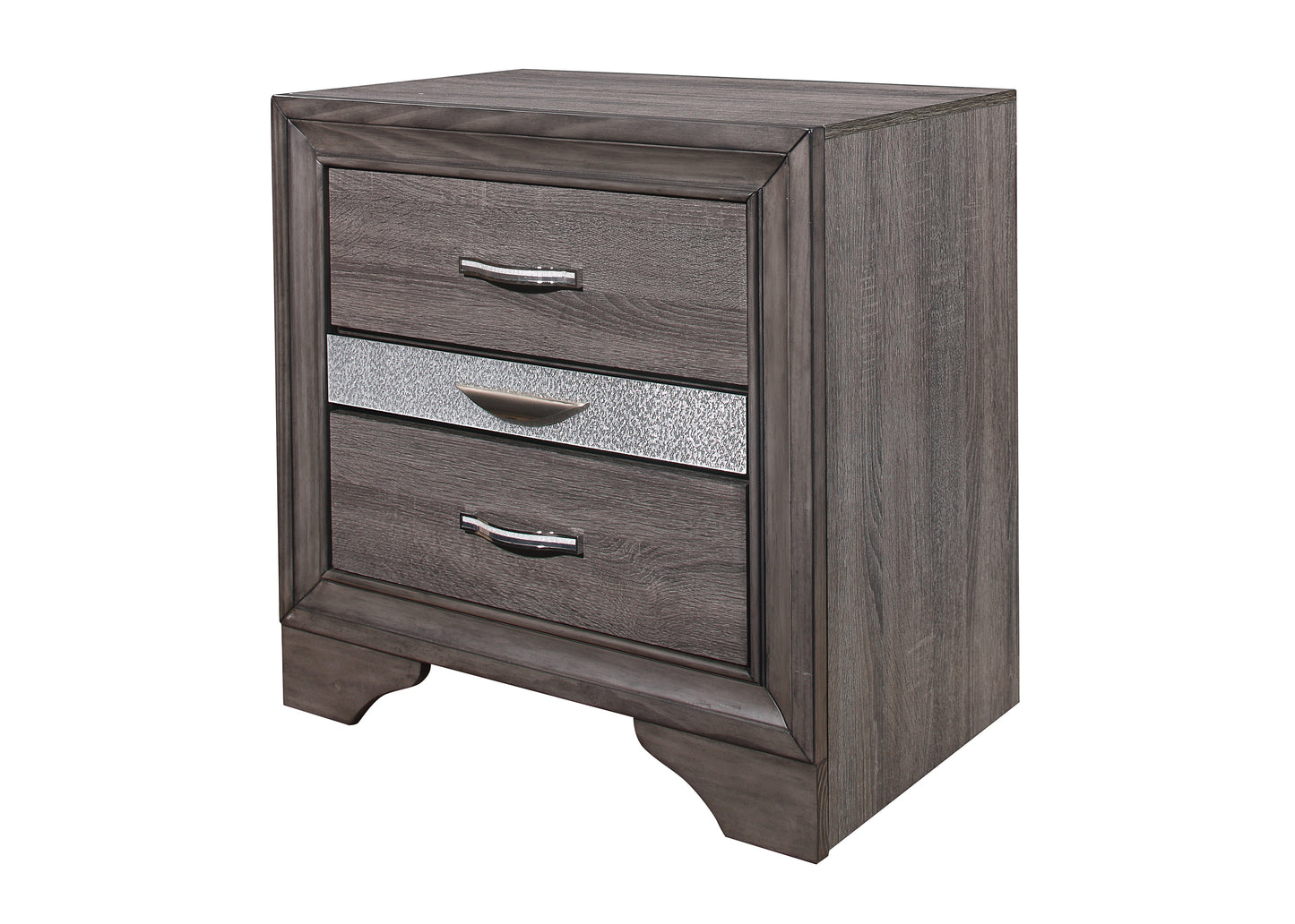 Gray wood nightstand with two drawers and metallic accents