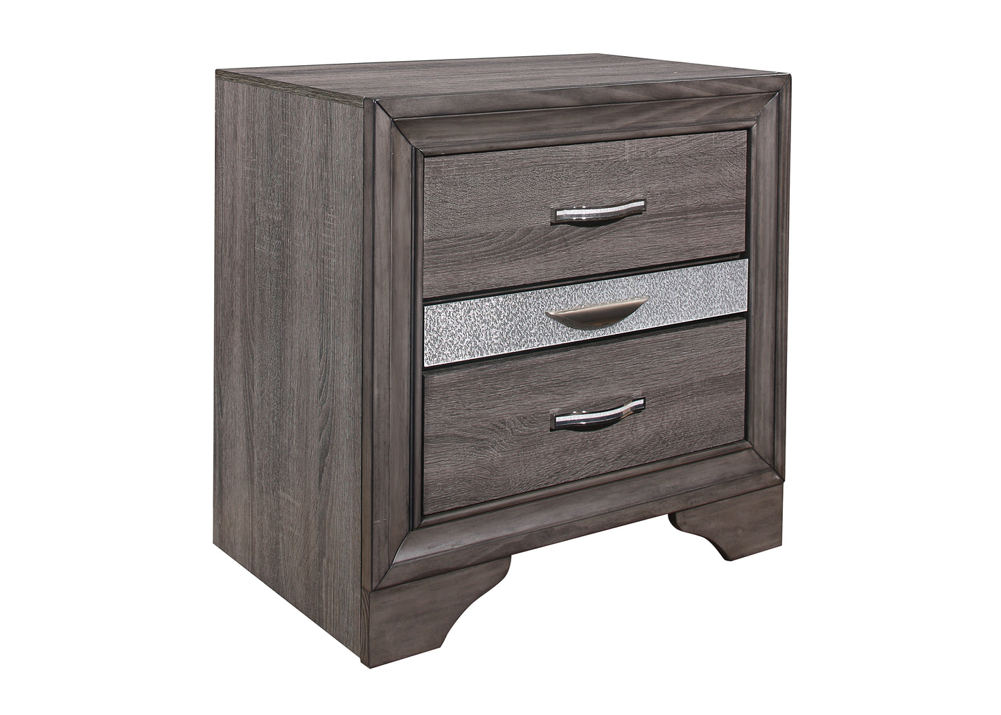 Dark grey wood nightstand with two drawers and decorative silver inlay