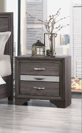 Gray wood nightstand with three drawers and silver accents