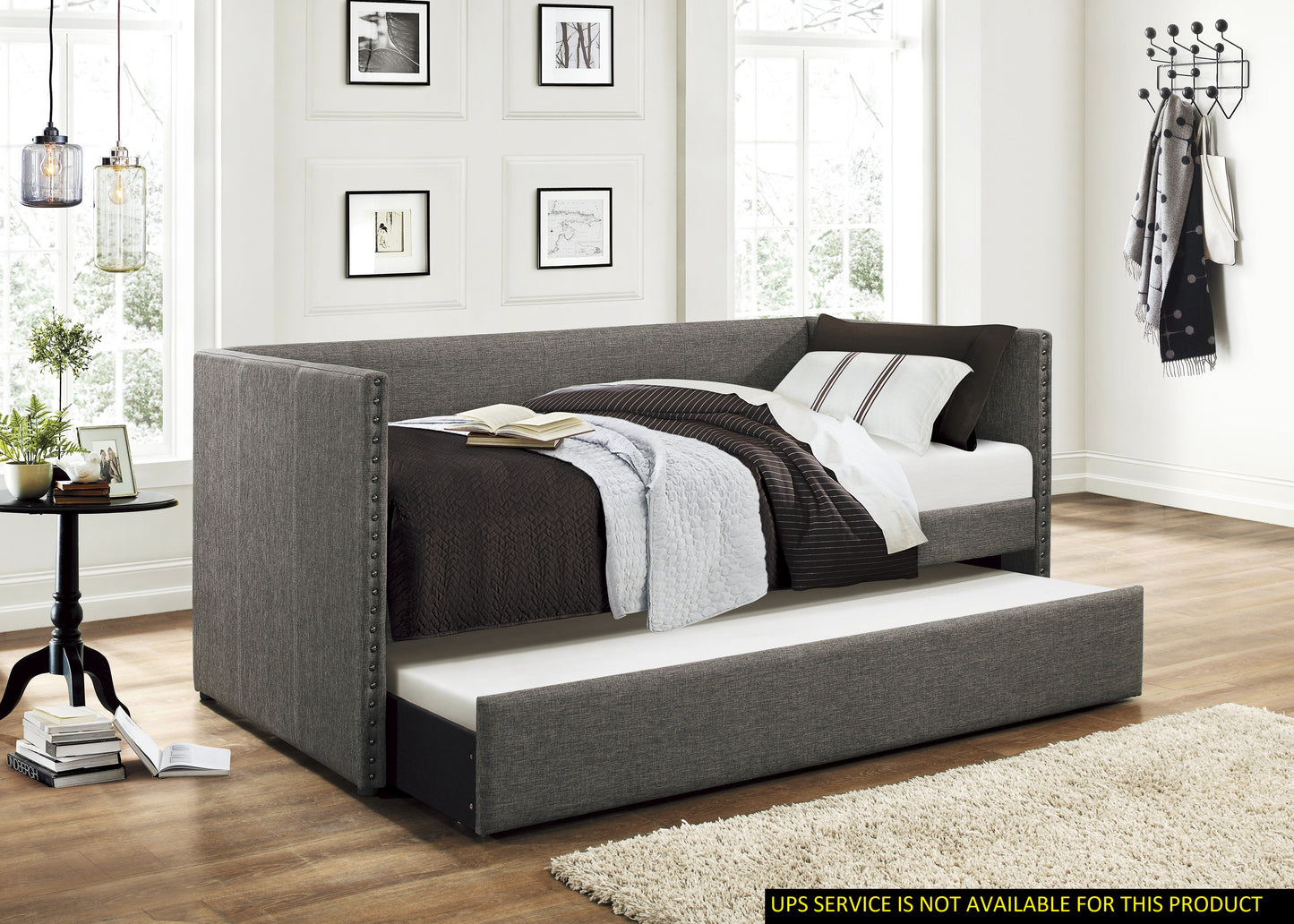 Gray Fabric Upholstered Day Bed with Pull-out Trundle and Nailhead Trim